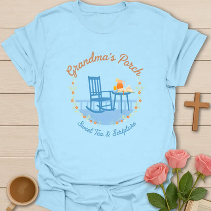 Grandma’s Porch shirt with rocking chair, sweet tea, open Bible, floral wreath, and Sweet Tea and Scripture text - Light Blue