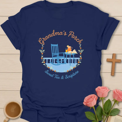 Grandma’s Porch shirt with rocking chair, sweet tea, open Bible, floral wreath, and Sweet Tea and Scripture text - Navy