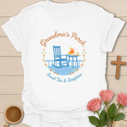 Grandma’s Porch shirt with rocking chair, sweet tea, open Bible, floral wreath, and Sweet Tea and Scripture text - White