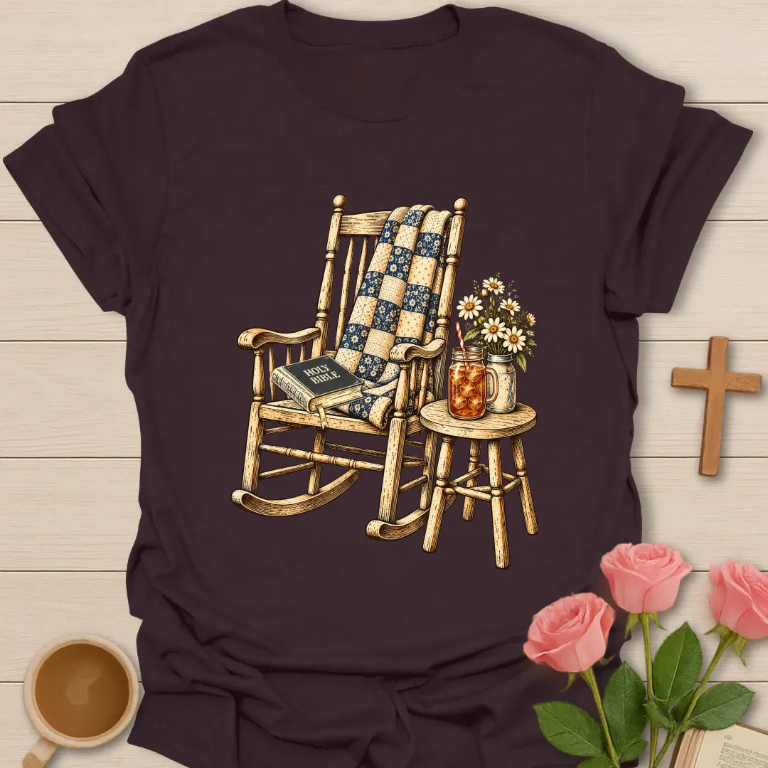 Grandma's Rocking Chair Christian t-shirt with a vintage wooden rocker, patchwork quilt, Holy Bible, iced tea jar, and daisies - Dark Chocolate