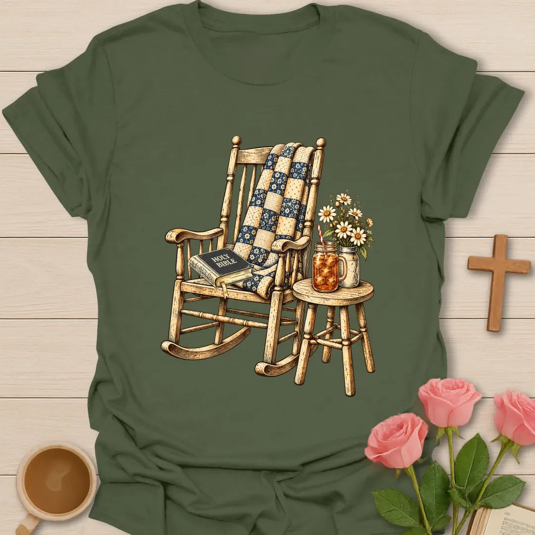 Grandma's Rocking Chair Christian t-shirt with a vintage wooden rocker, patchwork quilt, Holy Bible, iced tea jar, and daisies - Military Green