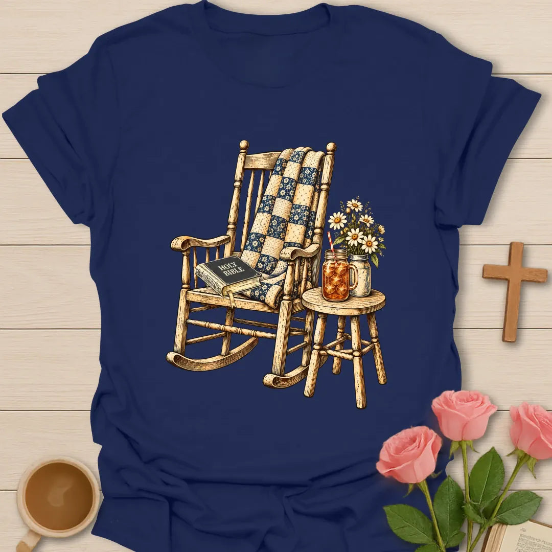 Grandma's Rocking Chair Christian t-shirt with a vintage wooden rocker, patchwork quilt, Holy Bible, iced tea jar, and daisies - Navy