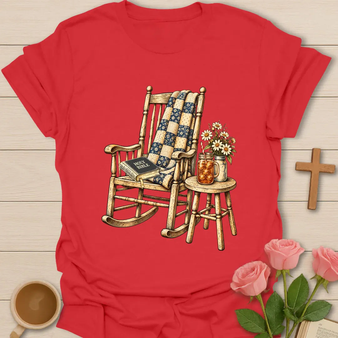 Grandma's Rocking Chair Christian t-shirt with a vintage wooden rocker, patchwork quilt, Holy Bible, iced tea jar, and daisies - Red
