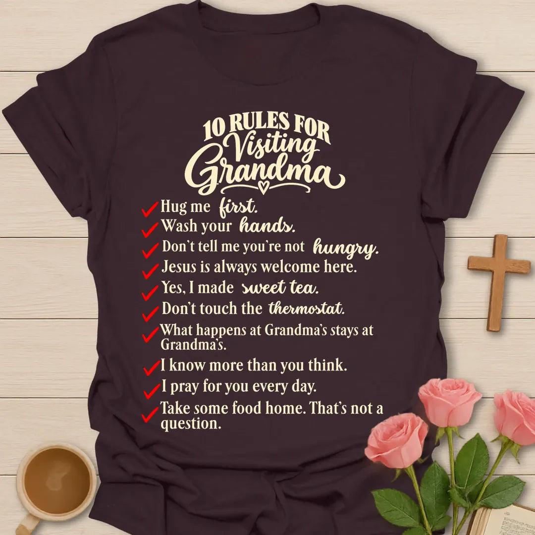 10 Rules For Visiting Grandma Christian t-shirt with a red-checkmark list including hug me first, Jesus is always welcome here, and yes I made sweet tea - Dark Chocolate
