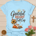 Grateful Heart Stretchy Pants shirt with playful lettering and a faith-inspired Thanksgiving design. - Light Blue