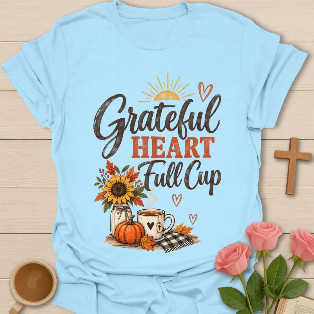 Grateful Heart Stretchy Pants shirt with playful lettering and a faith-inspired Thanksgiving design. - Light Blue