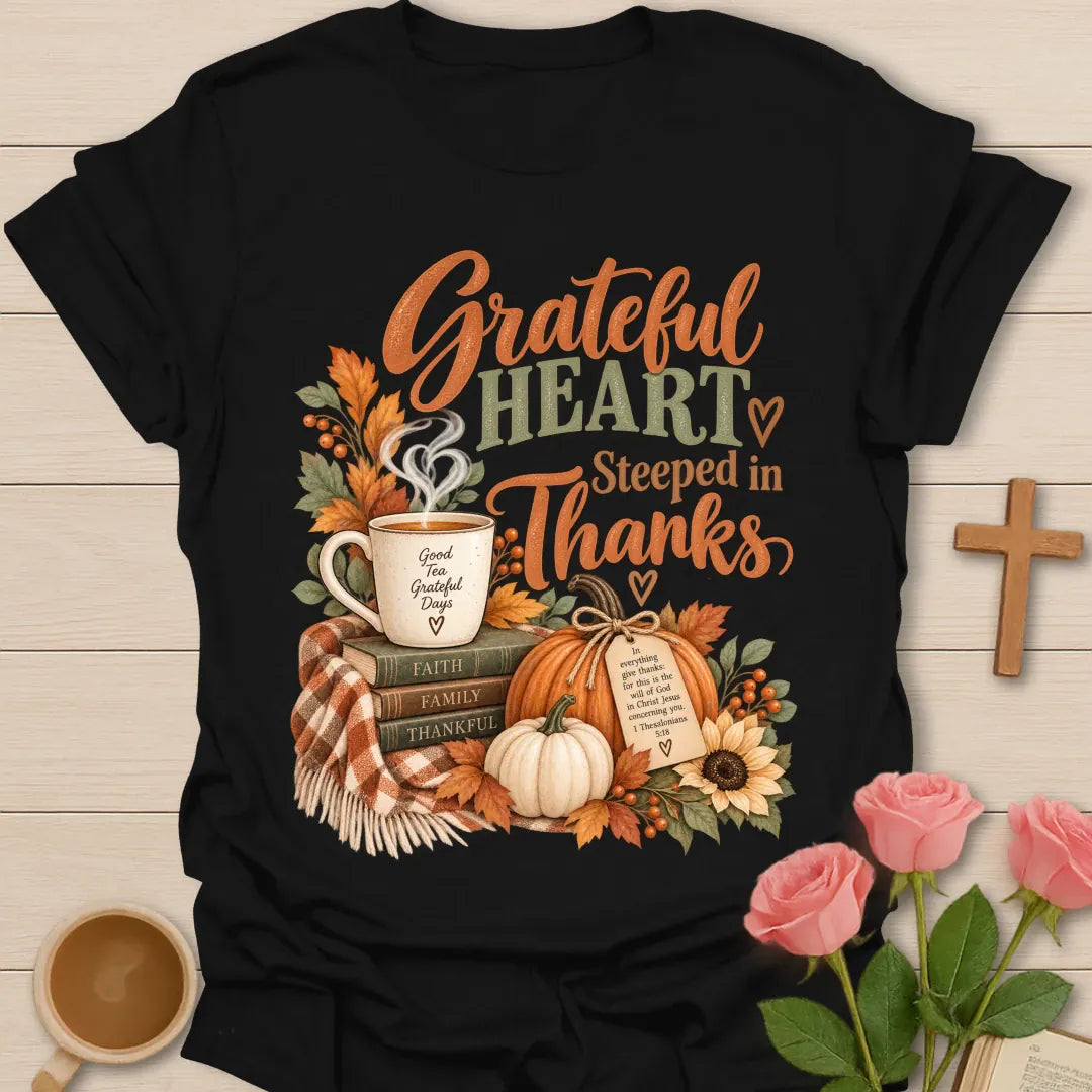 Grateful Heart T-Shirt with grateful lettering and faith-inspired design. - Black
