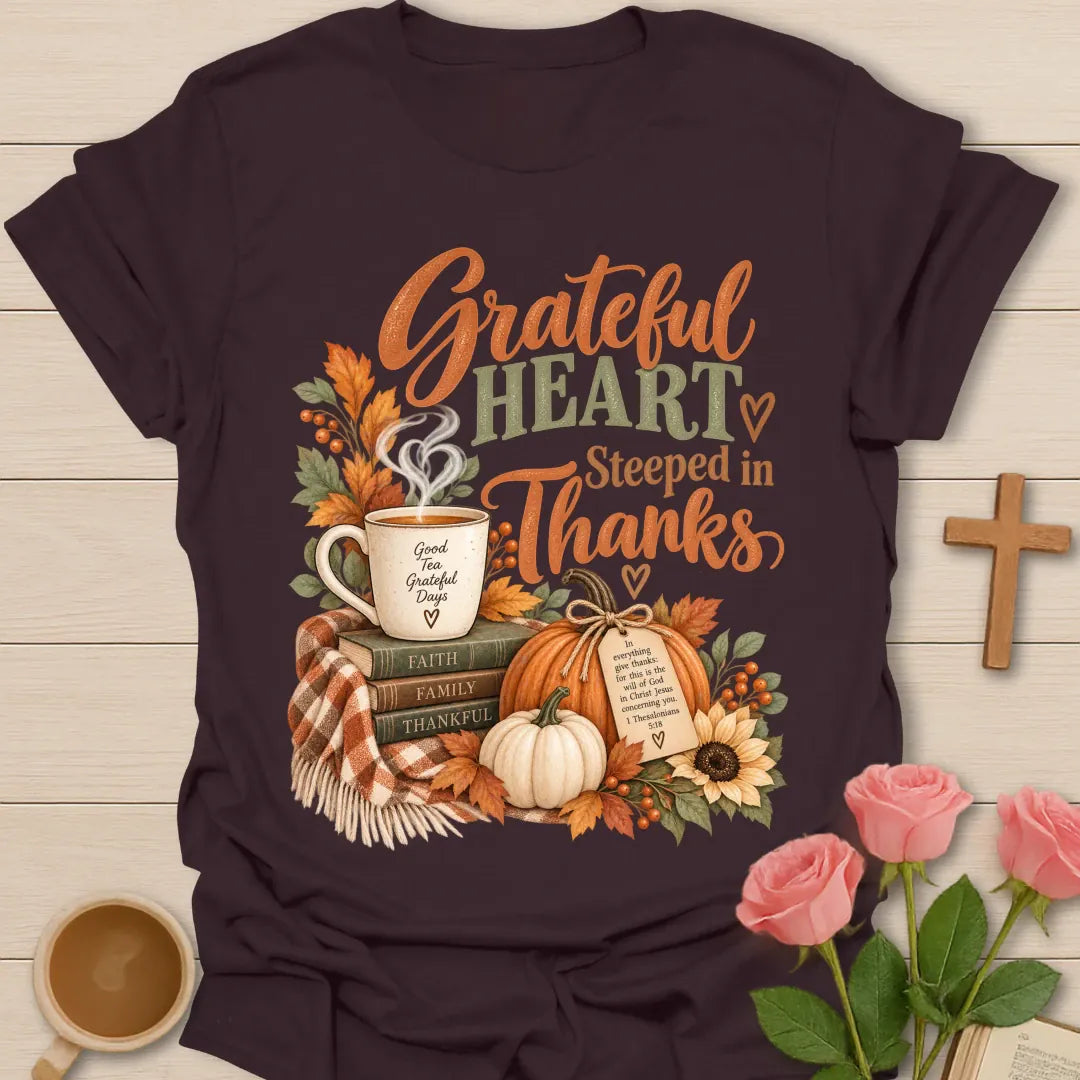 Grateful Heart T-Shirt with grateful lettering and faith-inspired design. - Dark Chocolate