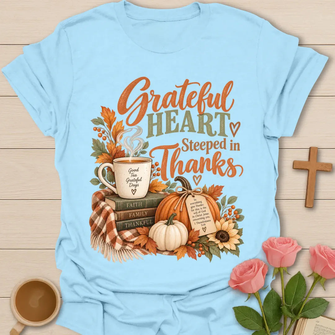 Grateful Heart T-Shirt with grateful lettering and faith-inspired design. - Light Blue