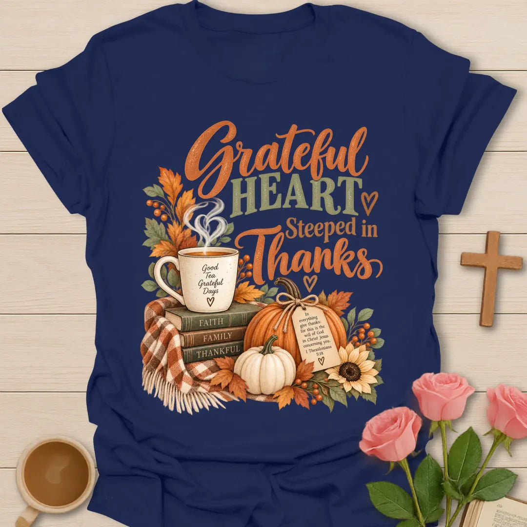 Grateful Heart T-Shirt with grateful lettering and faith-inspired design. - Navy