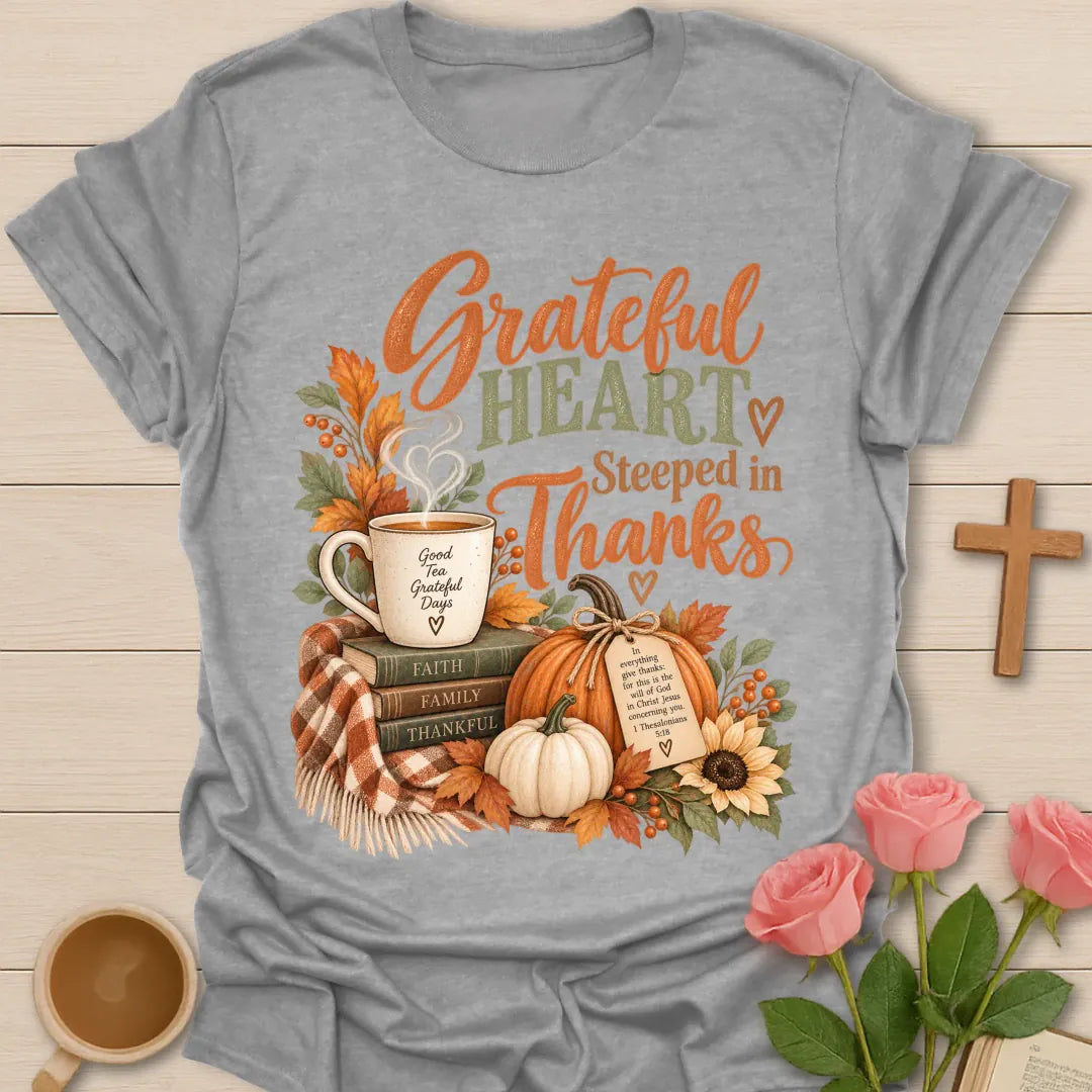 Grateful Heart T-Shirt with grateful lettering and faith-inspired design. - Sport Grey