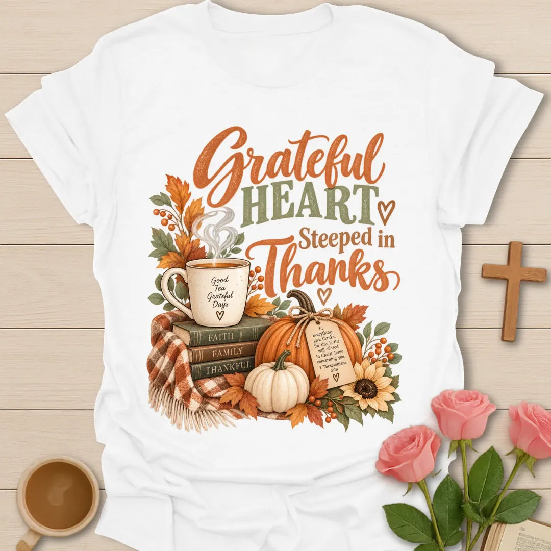 Grateful Heart T-Shirt with grateful lettering and faith-inspired design. - White