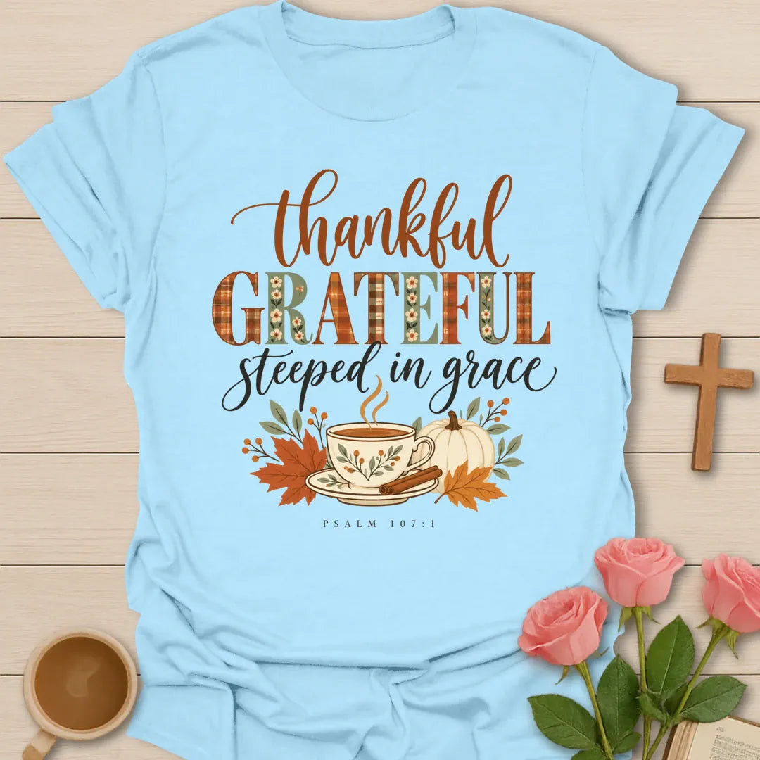 Grateful Steeped Christian t-shirt with tea-inspired lettering and faith design - Light Blue