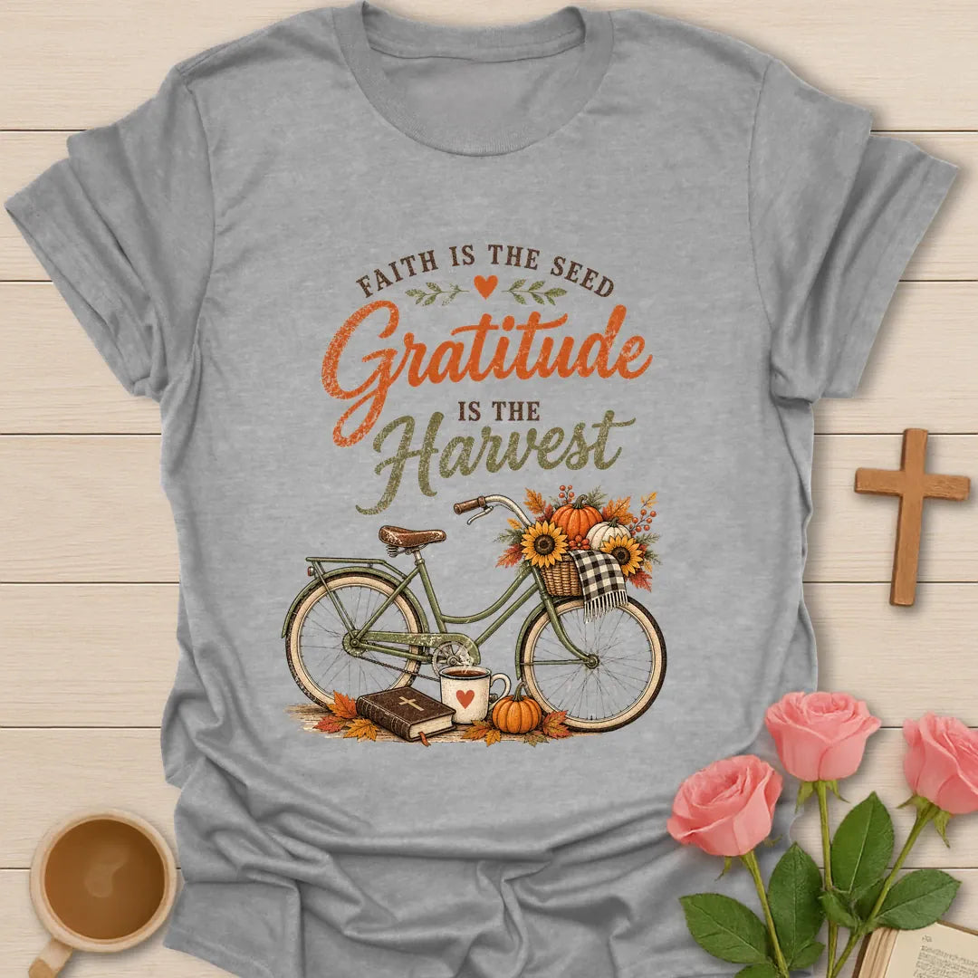 Gratitude Is The Harvest shirt with warm hand-lettered typography and a faith-inspired autumn design. - Sport Grey