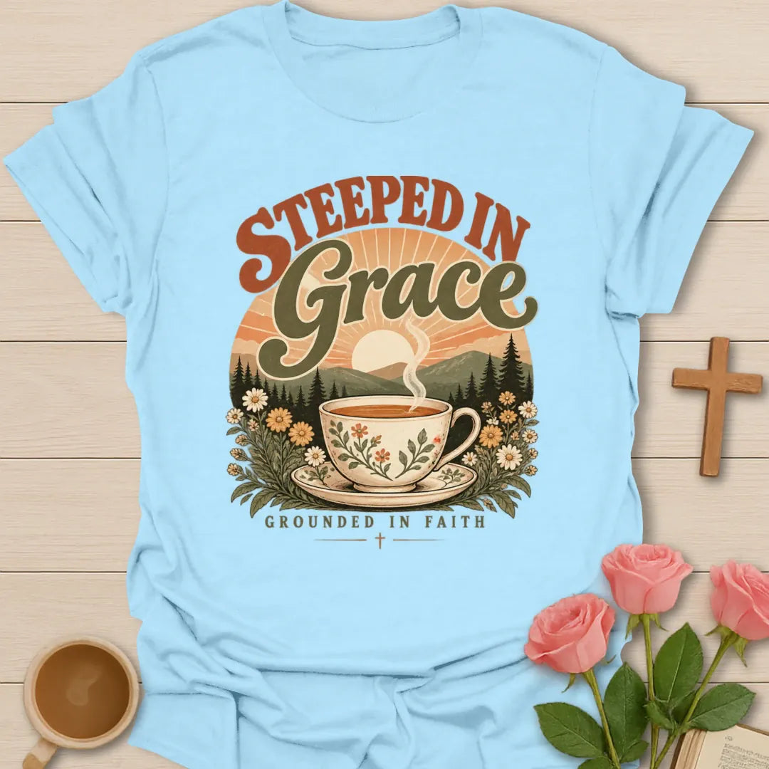 Grounded in Grace Christian t-shirt with faith-inspired lettering and design - Light Blue