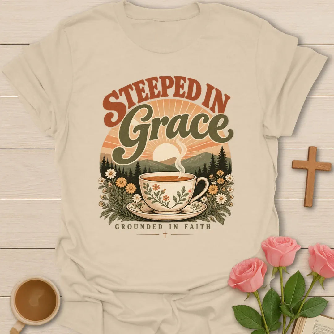 Grounded in Grace Christian t-shirt with faith-inspired lettering and design - Sand