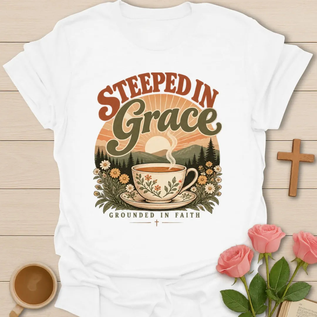 Grounded in Grace Christian t-shirt with faith-inspired lettering and design - White