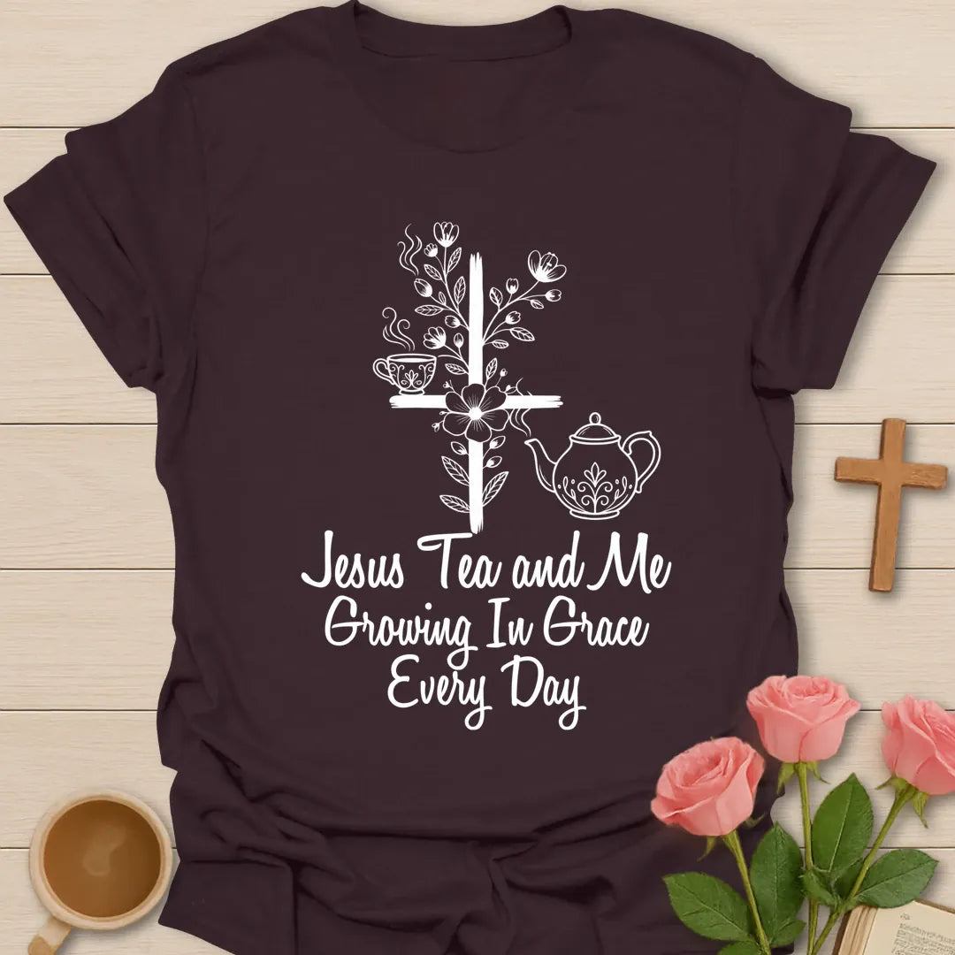 Grow In Grace shirt with florals, cross, and cream vintage lettering. - Dark Chocolate