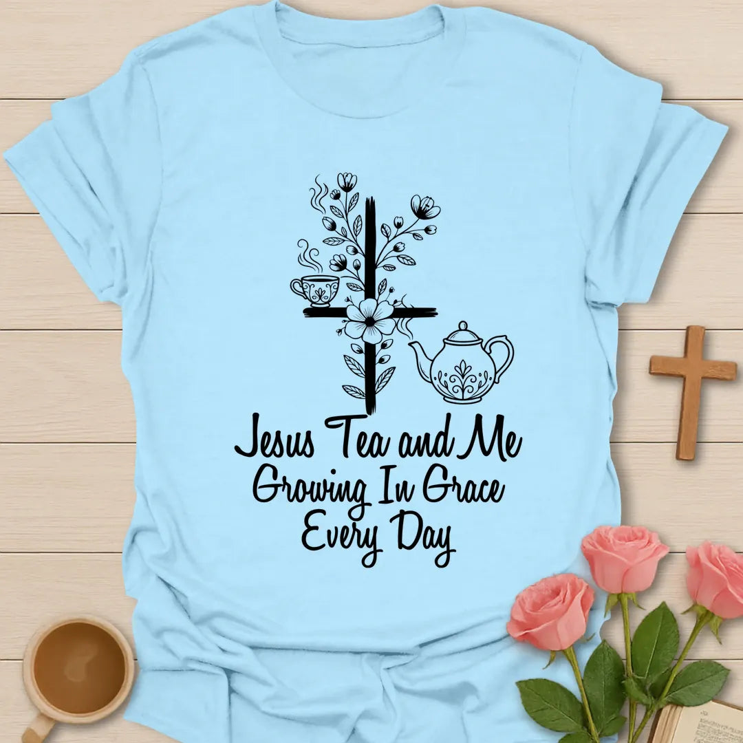 Grow In Grace shirt with florals, cross, and cream vintage lettering. - Light Blue