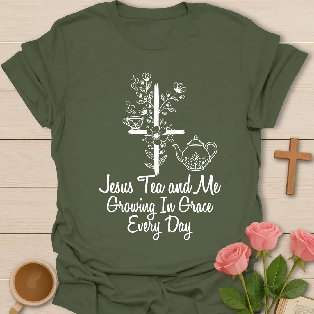 Grow In Grace shirt with florals, cross, and cream vintage lettering. - Military Green