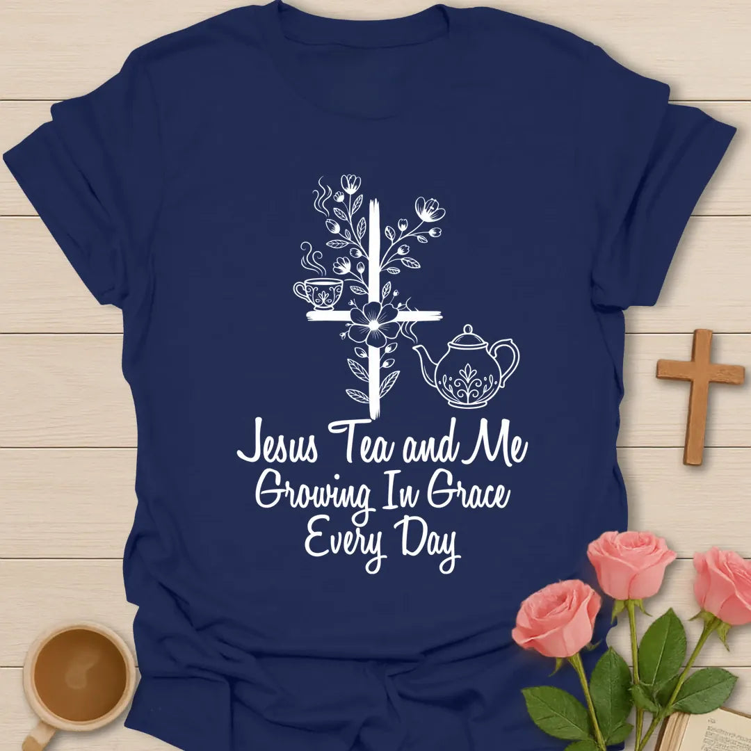 Grow In Grace shirt with florals, cross, and cream vintage lettering. - Navy