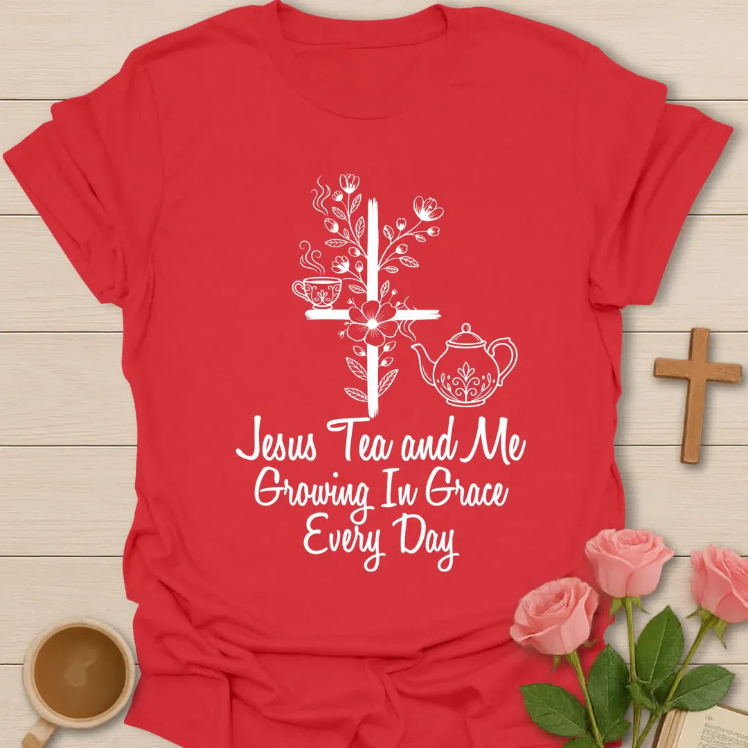 Grow In Grace shirt with florals, cross, and cream vintage lettering. - Red