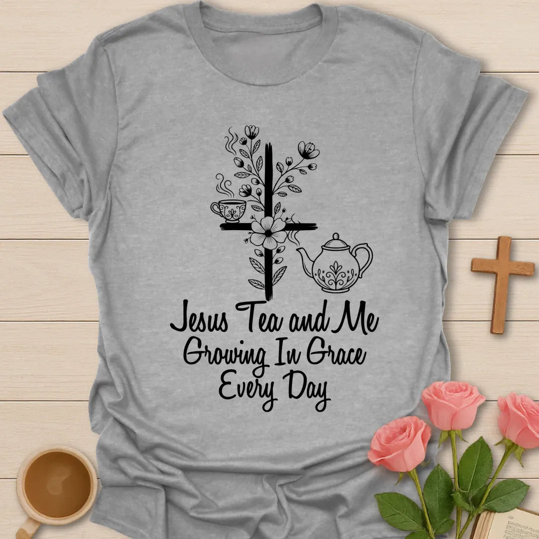 Grow In Grace shirt with florals, cross, and cream vintage lettering. - Sport Grey