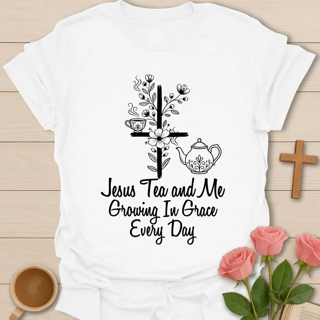 Grow In Grace shirt with florals, cross, and cream vintage lettering. - White