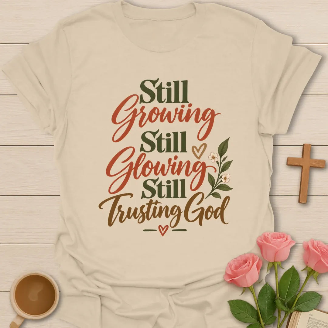 Growing Glowing Trusting Christian t-shirt with faith-inspired lettering - Sand