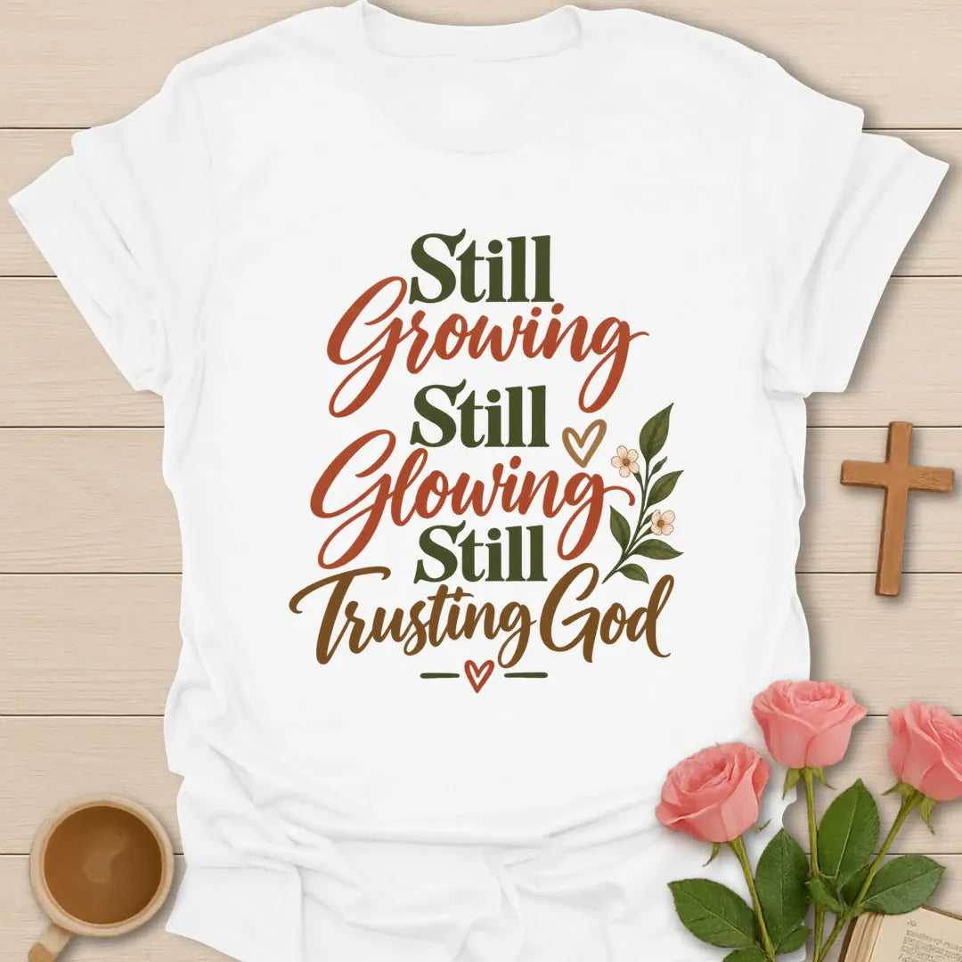 Growing Glowing Trusting Christian t-shirt with faith-inspired lettering - White