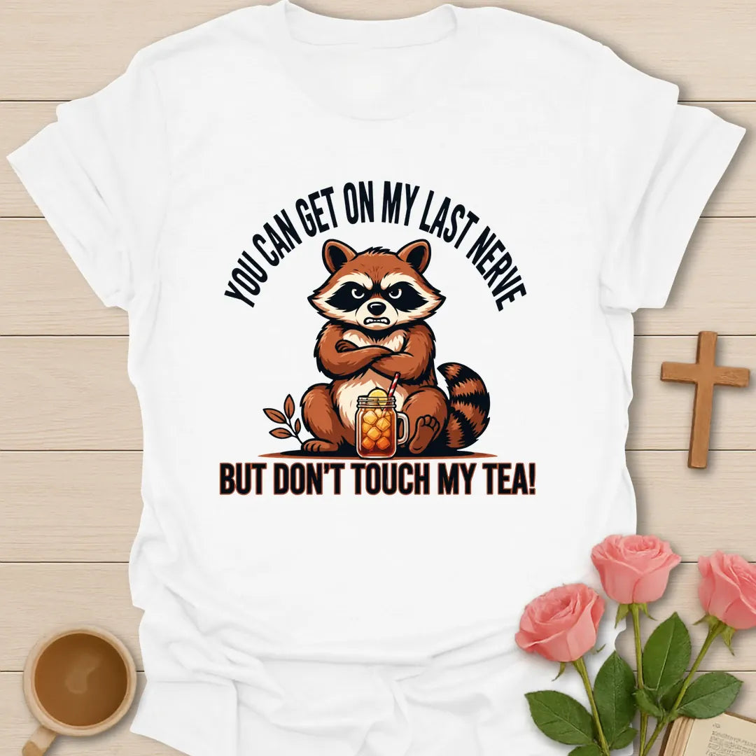 Grumpy Raccoon Sweet Tea t-shirt with a grumpy raccoon and sweet tea faith design - White