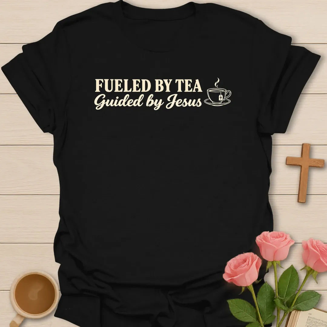 Fueled by Tea Guided by Jesus Christian t-shirt with small teacup chest design - Black