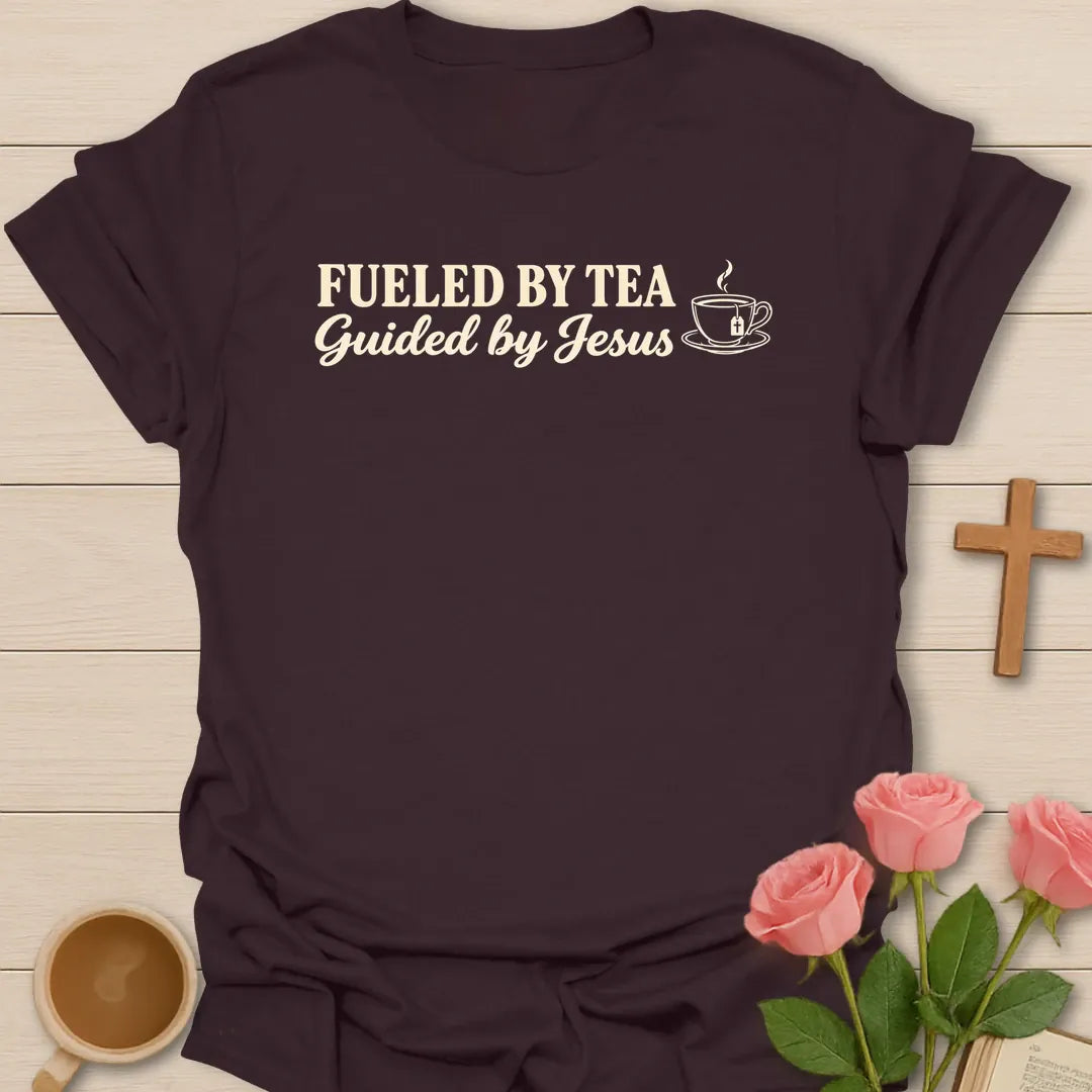 Fueled by Tea Guided by Jesus Christian t-shirt with small teacup chest design - Dark Chocolate