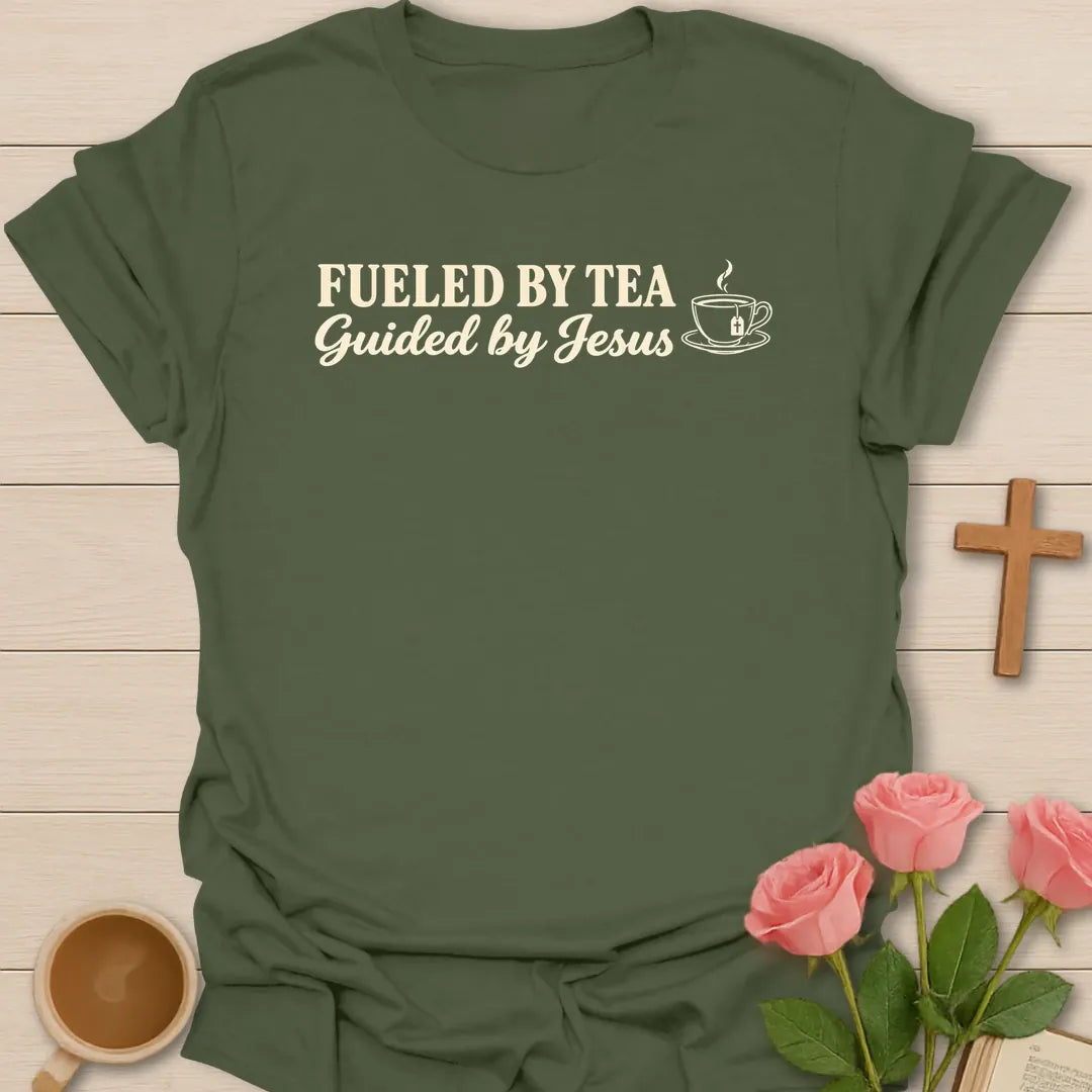 Fueled by Tea Guided by Jesus Christian t-shirt with small teacup chest design - Military Green