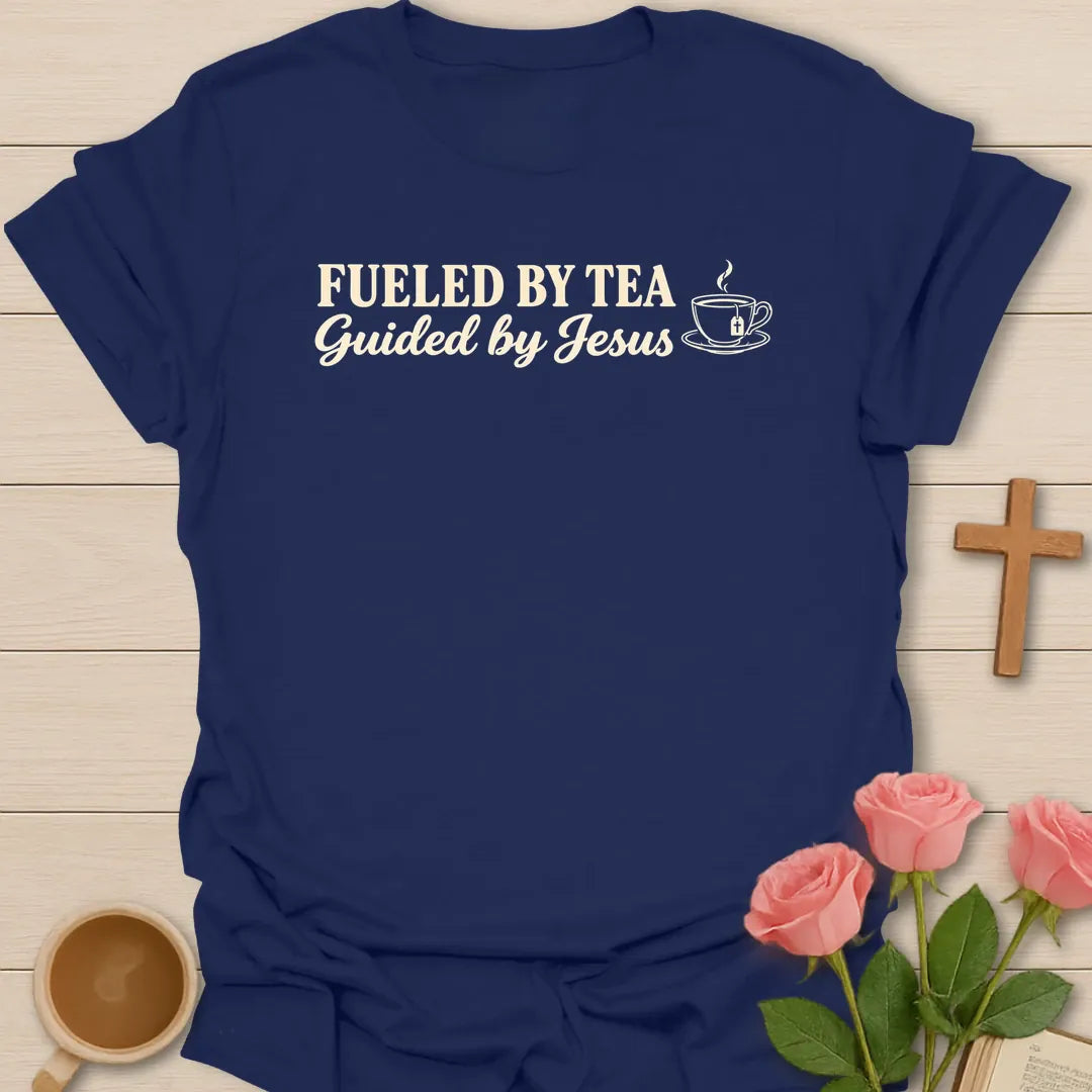 Fueled by Tea Guided by Jesus Christian t-shirt with small teacup chest design - Navy