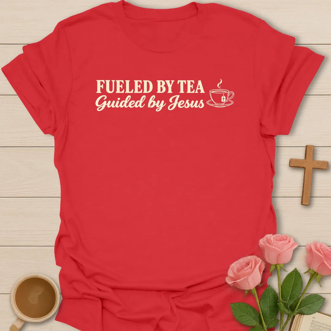 Fueled by Tea Guided by Jesus Christian t-shirt with small teacup chest design - Red