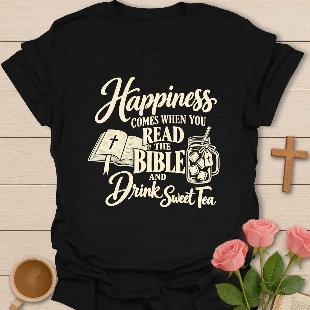 Happiness Comes Christian tea shirt with faith-inspired lettering design - Black