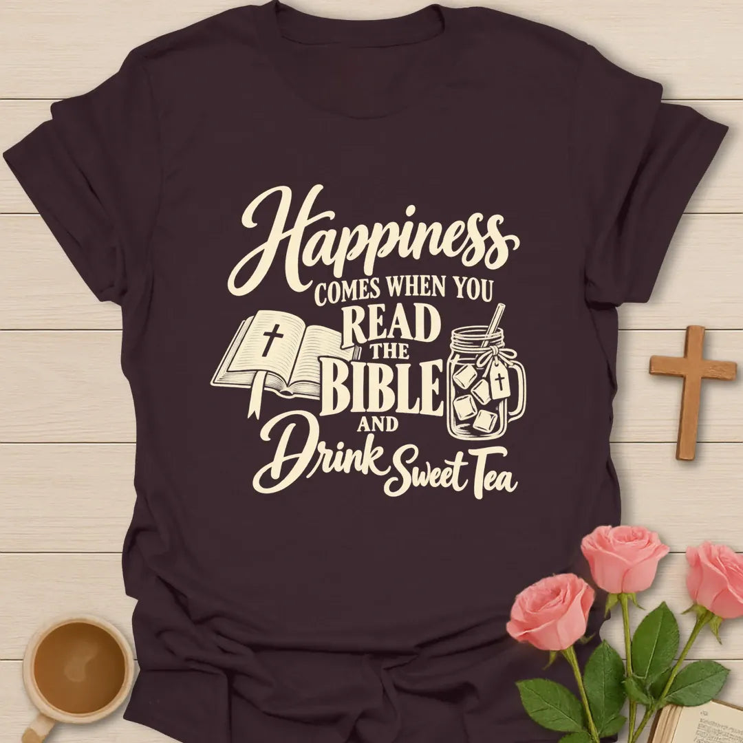Happiness Comes Christian tea shirt with faith-inspired lettering design - Dark Chocolate
