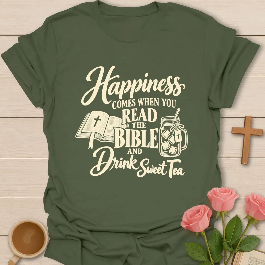 Happiness Comes Christian tea shirt with faith-inspired lettering design - Military Green