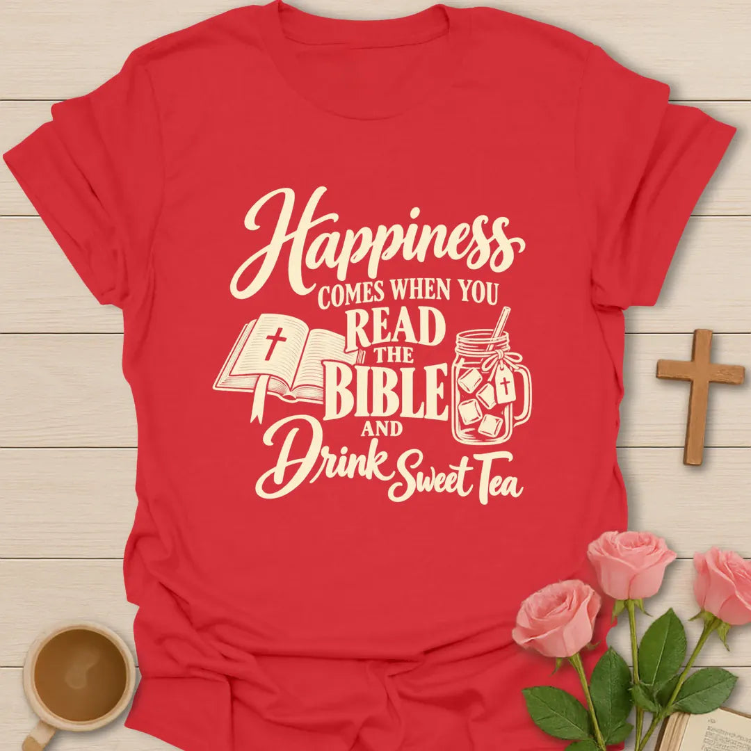 Happiness Comes Christian tea shirt with faith-inspired lettering design - Red