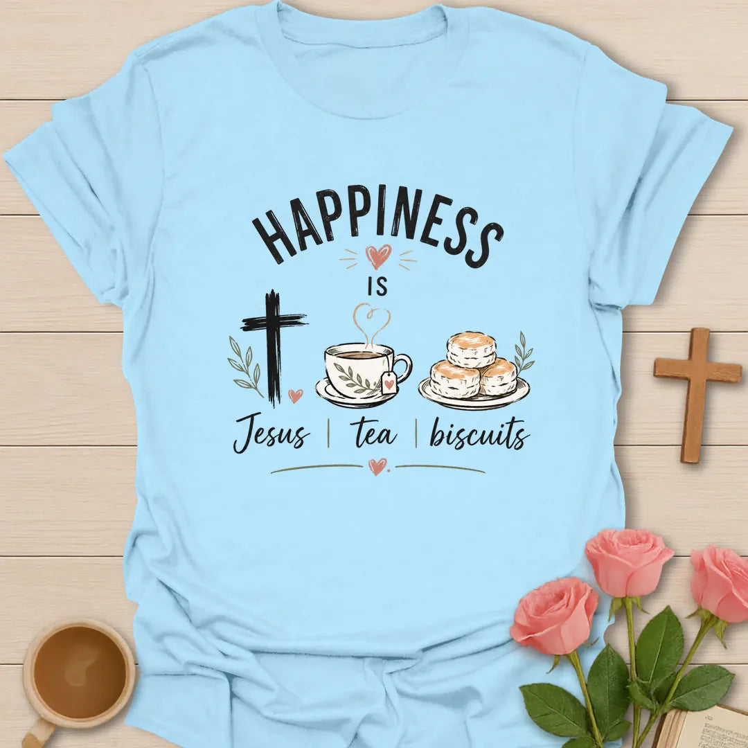 Happiness Is Jesus Tea and Biscuits shirt with teacup, biscuits, cross, and cream lettering. - Light Blue