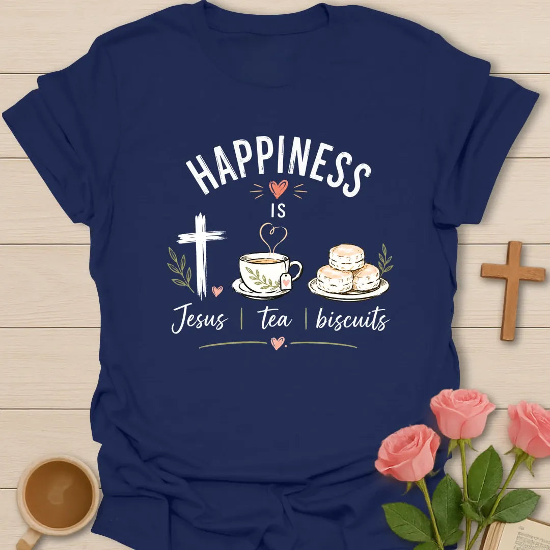 Happiness Is Jesus Tea and Biscuits shirt with teacup, biscuits, cross, and cream lettering. - Navy