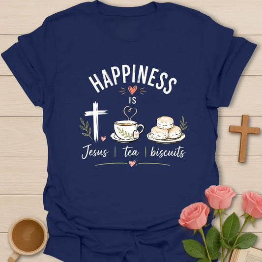 Happiness Is Jesus Tea and Biscuits shirt with teacup, biscuits, cross, and cream lettering. - Navy