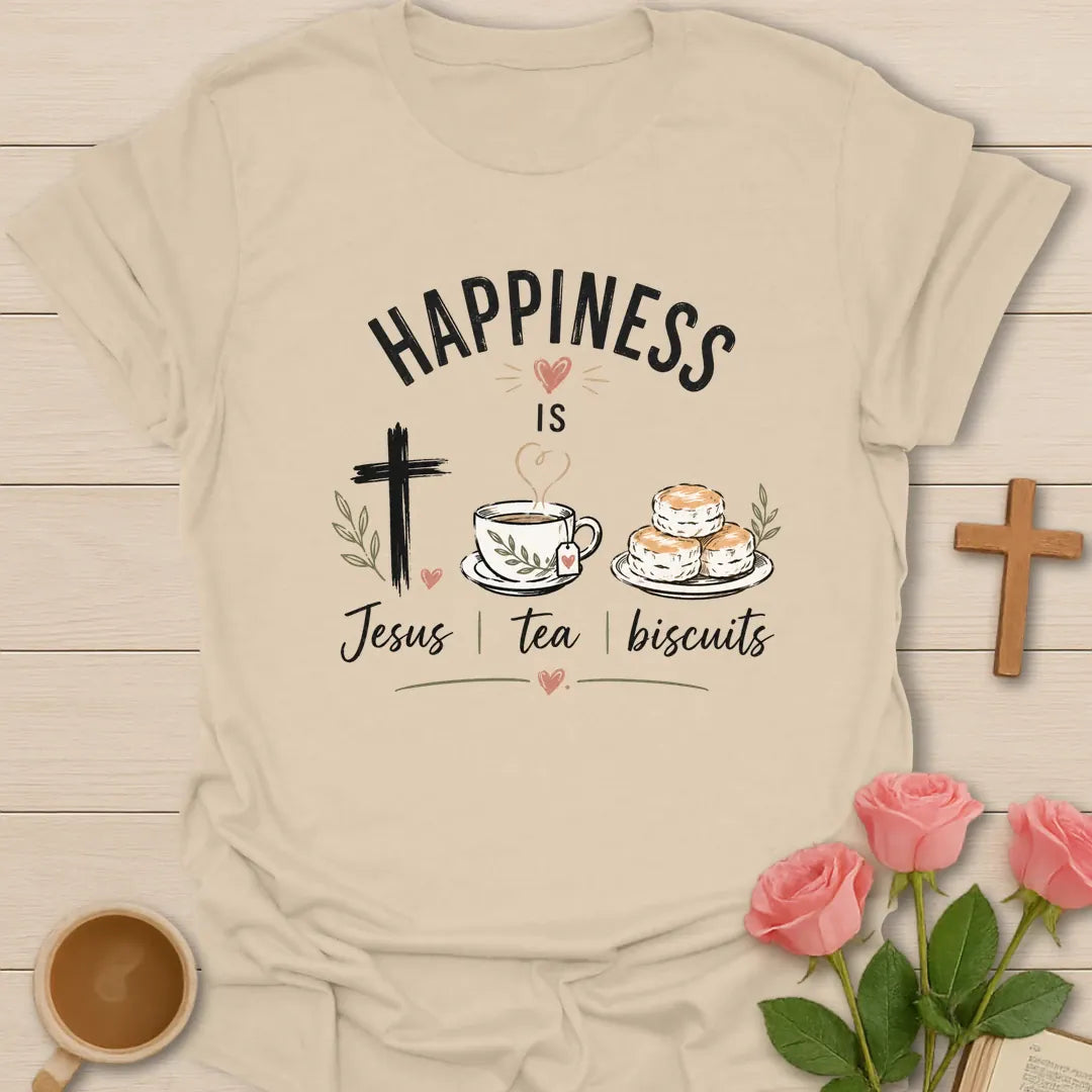 Happiness Is Jesus Tea and Biscuits shirt with teacup, biscuits, cross, and cream lettering. - Sand