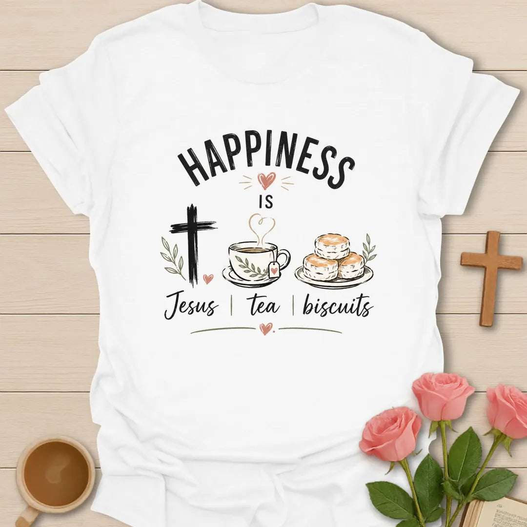 Happiness Is Jesus Tea and Biscuits shirt with teacup, biscuits, cross, and cream lettering. - White