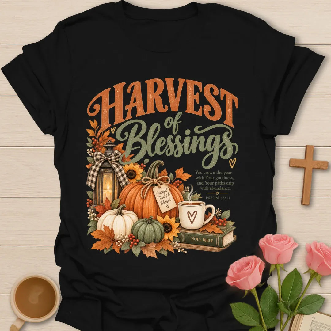 Harvest Of Blessing T-Shirt with autumn harvest and faith-inspired lettering. - Black