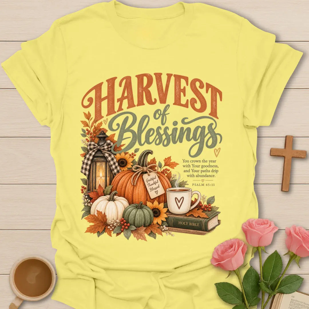 Harvest Of Blessing T-Shirt with autumn harvest and faith-inspired lettering. - Cornsilk