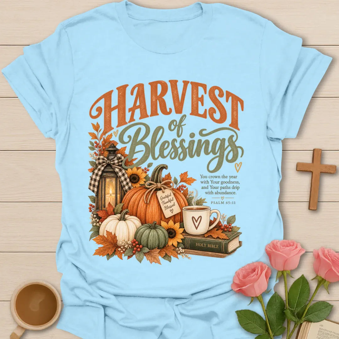 Harvest Of Blessing T-Shirt with autumn harvest and faith-inspired lettering. - Light Blue