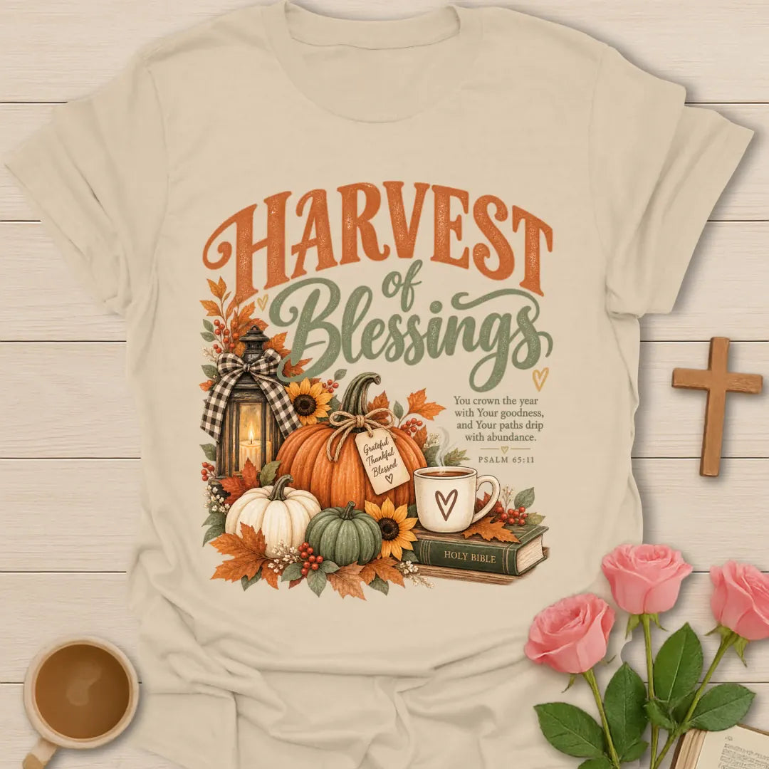 Harvest Of Blessing T-Shirt with autumn harvest and faith-inspired lettering. - Sand