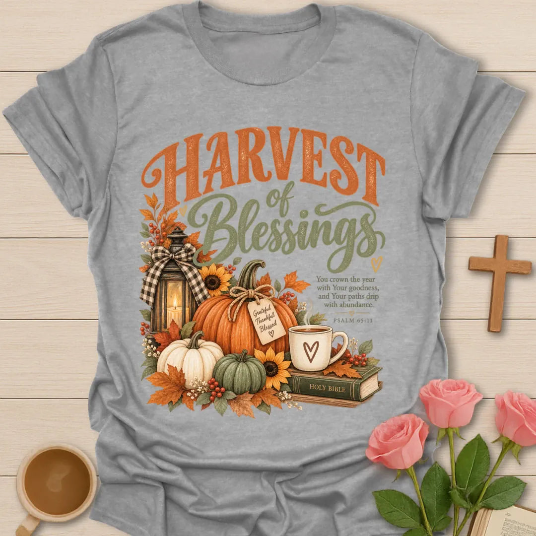 Harvest Of Blessing T-Shirt with autumn harvest and faith-inspired lettering. - Sport Grey